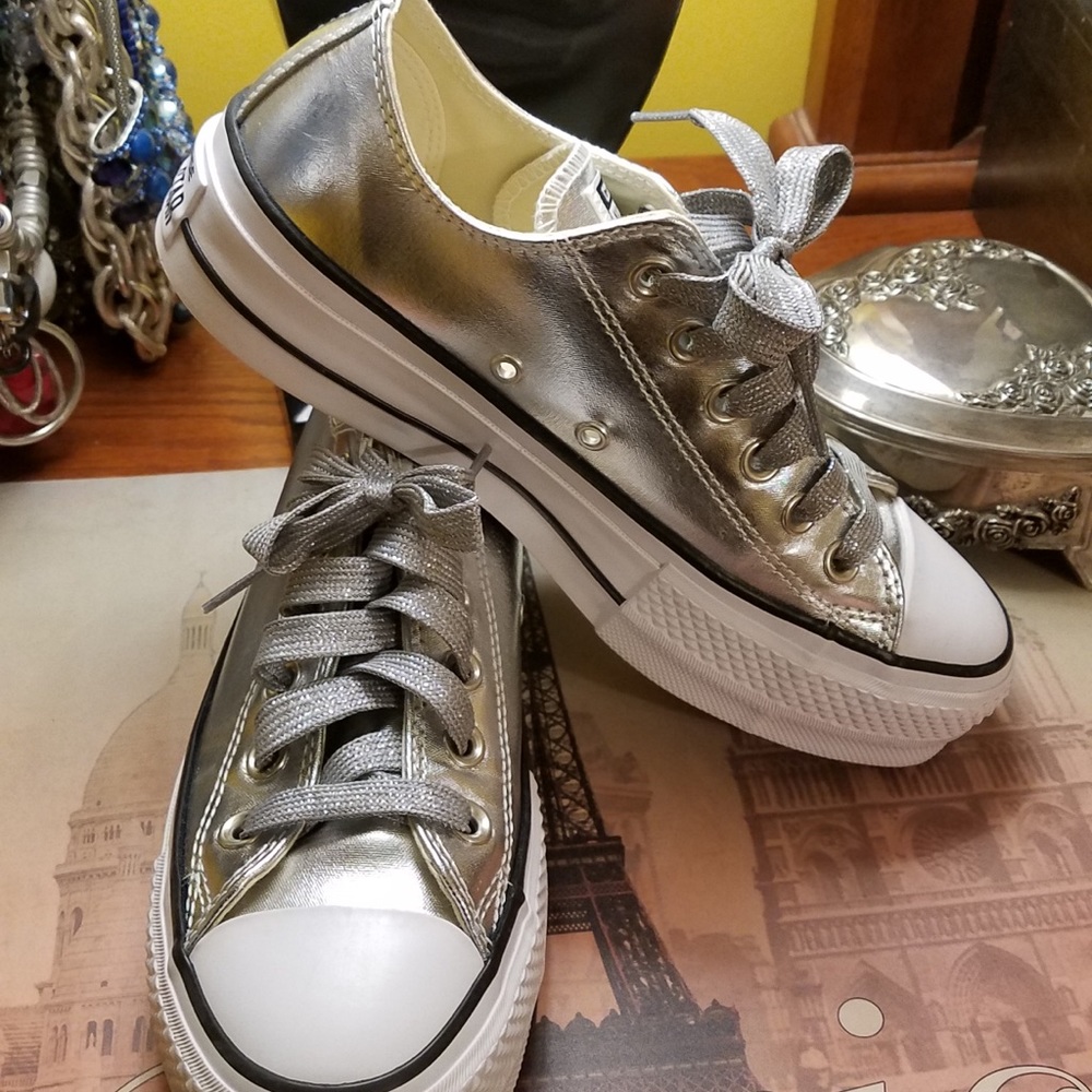 Converse Platform Tennis Shoe Silver Metallic
